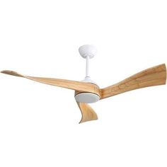 a white ceiling fan with wooden blades