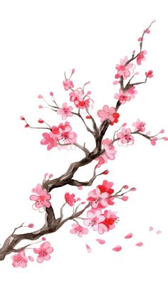 a painting of pink flowers on a tree branch with petals falling off the branches in the wind