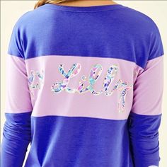 Lilly Pulitzer Finn Top Nwt Beautiful Oversized Top! So Versatile! Purple Cotton Color Block Tops, Purple Color Block Cotton Tops, Purple Letter Print Tops For Loungewear, Trendy Purple Color Block Top, Resort Wear Dresses, Hooded Tunic, Resort Wear For Women, Velour Tops, Embroidered Tunic