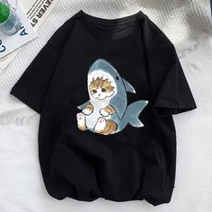 Kawaii Cat Shark Women Print Funny T-shirt Girl Animal Y2K Fashion 90S Print Tops Tee Gril Black Black White Clothes, Cat Shark, Shark Plush, Black White Outfit, Fashion 90s, White Clothes, Birthday Stuff, Cat Graphic Tee, Summer Pattern