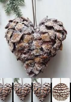 pine cone ornaments are hanging on the wall and in different stages of being made from them