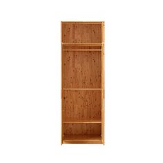 a wooden bookcase with three shelves on each side and one door open to show the bottom