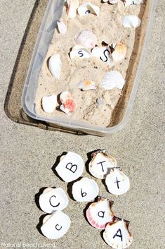 an open container filled with shells and letters on the sand next to some seashells