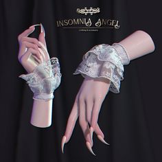 a woman's hand in white gloves with lace on the cuffs and wrist, next to a black background