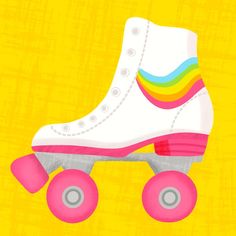 a roller skate with pink wheels on a yellow background