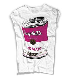 White MEN'S and WOMEN's T-shirt in flamed cotton depicting a crumpled reinterpretation of the famous Campbell's canned soup jar, made famous by the American genius of pop art... in magenta version. The SIZE CHART is present in the images of the article, to calculate the fit in centimeters of each size and model of t-shirt. Available in both men's and women's models. In the women's model on the hairline there is a drawstring (in the same fabric as the t-shirt) that gives the sleeves a curled effe Pop Art Tees, Cheap Pop Culture T-shirt With Custom Artwork, Soup Jar, Farmers Market Shirt, Canned Soup, Fruit Shirt, Farmer Shirt, Botanical Shirt, Clothing Shops