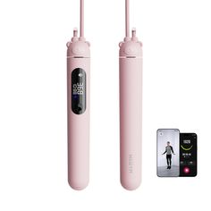 two pink electric toothbrushes next to an iphone with the image of a man running