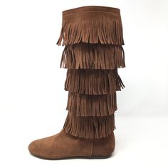 Excellent Gently Used Joie Hippie Chic, Tiered Fringe Boho Flat Boots. Made From Super Soft Suede And Leather, In The Color “Cognac”. Leather And Suede Upper Leather Sole Made In Italy 15” Tall. Iush Boho Flat, Fringe Boots, Deja Vu, Flat Boots, Hippie Chic, Soft Suede, Over The Knee Boots, Over The Knee, Cognac