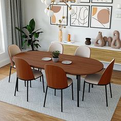 a dining room table with six chairs in front of a window and artwork on the wall