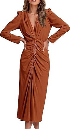 Lasaky - Long Sleeve Deep V-Neck Pleated Casual Formal Elegant Party Dress Elegant Dresses Long Sleeve, Fall Maxi Dress, Women Club Dresses, Elegant Red Dress, Modest Dresses For Women, Elegant Party Dress, Maxi Dress Long Sleeve, Elegant Wedding Guest Dress, Fall Maxi