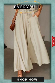 Drawstring Smocked High Waist Wide Leg Pants Wide Leg Bottoms In Solid Color For Vacation, Wide Leg Solid Color Vacation Bottoms, Vacation Wide Leg Bottoms Solid Color, Vacation Solid Color Wide Leg Bottoms, Non-stretch Pants With Elastic Waistband For Beach Season, Relaxed Fit Ankle-length Bottoms For Vacation, Vacation Wide Leg Bottoms In Solid Color, Vacation Pants With Drawstring, Non-stretch Solid Color Summer Bottoms