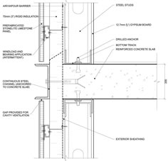 an architectural drawing showing the details of a wall section and its corresponding features, including structural drawings