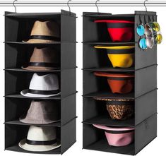 three shelves with hats and sunglasses hanging on the top one is open to show different colors