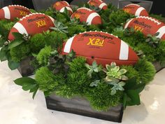 an arrangement of footballs is displayed on a table with succulents and greenery