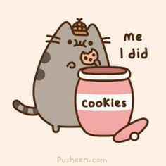 a cartoon cat is holding a jar with cookies in it and the caption reads, me i did cookies