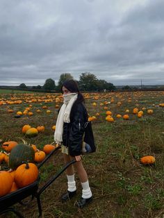 a woman is pulling a wheelbarrow with pumpkins in the field behind her