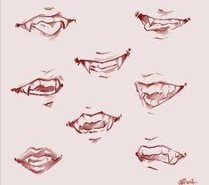 several different types of mouths drawn in red and black ink on a light pink background