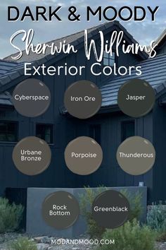 Dark Paint Interior Design, Dark Charcoal House Exterior White Trim, Dark Stain House Exterior, Best Dark Exterior House Colors, Dark Farmhouse Colors, Dark And Light House Exterior, Sherwin Williams Dark Exterior Paint Colors, Sherwin Williams Domino Paint, Black Exterior Door Colors