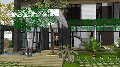 an artist's rendering of a modern house with trees and plants in the front yard