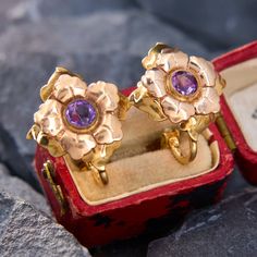 These sweet leafy earrings each feature round cut amethysts in a milgrained bezel setting. The earrings are crafted in 14k yellow and rose gold, and finished with clip-on backs for non-pierced ears. Yellow Gold Amethyst Earrings Hallmarked, 14k Gold Round Flower Earrings For Formal Events, 14k Gold Flower Earrings For Formal Occasions, Formal 14k Gold Flower Earrings, Fine Jewelry Amethyst Earrings In Rose Gold, Vintage Yellow Gold Flower Earrings For Formal Occasions, Vintage Yellow Gold Formal Flower Earrings, Antique Engagement Rings Sapphire, Estate Jewelry Rings