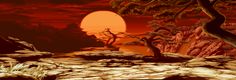 an image of a computer game scene with the sun setting in the background and trees on the ground