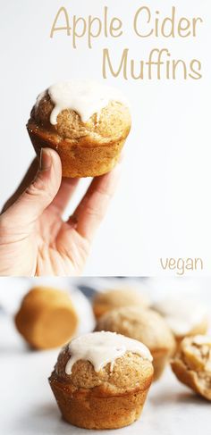 a hand holding an apple cider muffins with icing on top and the recipe below