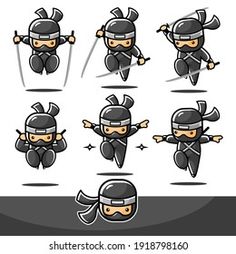 a set of ninja action poses and expressions in cartoon style for game design or animation