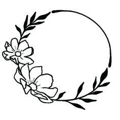 a circle with flowers and leaves on the side, drawn by hand in black ink