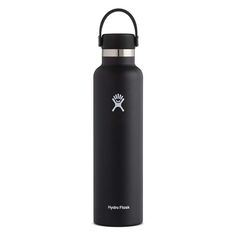 the hydro flask water bottle is black and has a white hand print on it