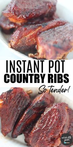 instant pot country ribs in a white bowl with text overlay