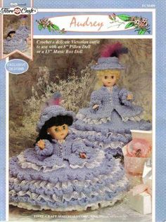 an advertisement for a crocheted doll in blue dress and hat