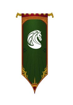 a green and red banner with a white horse on it