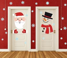 two doors decorated with snowmen and santa claus