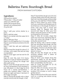 the recipe for ballerina farm sourdough bread is shown in black and white