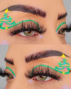 Christmas eyeshadow look: Christmas tree Christmas Graphic Liner Makeup, Christmas Graphic Eyeliner, Christmas Graphic Liner, Creative Christmas Makeup Ideas, Christmas Make Up Looks, Thanksgiving Eye Makeup, Christmas Makeup Looks Simple, Creative Christmas Makeup