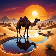 a painting of a camel in the desert at sunset, with its reflection in the water