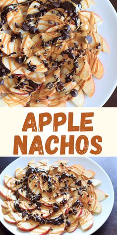 apple nachos with chocolate chips and caramel drizzle on top