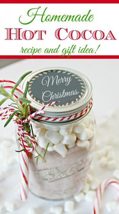 homemade hot cocoa recipe and gift idea in a mason jar with candy canes on top