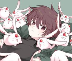 an anime character with red eyes surrounded by white cats and demon like heads, in front of a green background