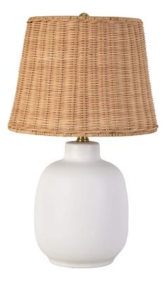 This clean and classic ceramic table lamp features a bright white painted finish. Includes a natural rattan woven shade.. Wipe clean using a soft, dry cloth. allen + roth 20-in White Led; 3-way Table Lamp with Rattan Shade | 7590-MH Coastal Lamps Bedroom, Lamp With Rattan Shade, Coastal Lamps, Nightstand Aesthetic, Costal Bedroom, Bedroom Lamps Nightstand, Coastal Lamp, Coastal Christmas Decor, Small Lamps