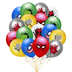 a bunch of balloons that have been decorated with deadpools and spider - man faces