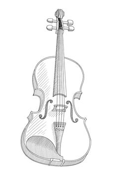 a drawing of a violin on a white background, with the strings still attached to it