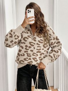 Women's Casual Drop Shoulder Leopard Pattern Zip-Up Sweater, Autumn/Winter Apricot Casual  Long Sleeve Fabric Leopard Print,All Over Print Pullovers Slight Stretch  Women Clothing, size features are:Bust: ,Length: ,Sleeve Length: Overalls Flare, Sweater Autumn, Women Crew Socks, Sweater Vest Women, Casual Cardigans, Cosplay Dress, Girls Denim, Zip Up Sweater, Leopard Pattern