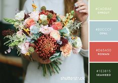 a woman holding a bouquet of flowers in her hands with the color swat list below