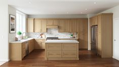 a large kitchen with wooden cabinets and white counter tops, along with hardwood flooring