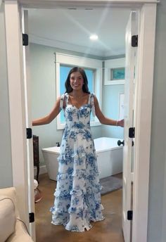 Greece Daytime Outfit, Blue And White Long Dress, Costal Granddaughter Prom Dress, Mama Mia Prom Dress, Brunch Prom Dress, Picnic Party Outfit, Pretty Long Dresses, Grad Party Dress, White Blue Floral Dress