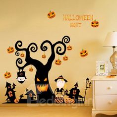 halloween scene with pumpkins and jack - o'- lanternes on the tree