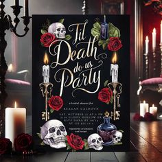 a party poster with skulls and roses on the front, surrounded by candlelight candles