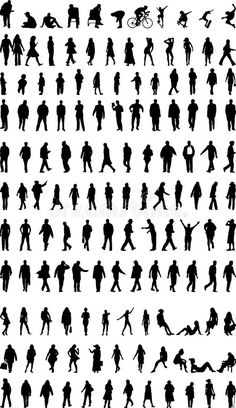 many silhouettes of people walking and riding bicycles, skateboarding on the street royalty illustration