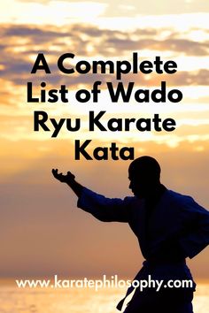 TExt "A Complete List of Wado Ryu Kata www.karatephilosophy.com on a background image of a man in a karate uniform doing karate kata at sunset Self Defense Martial Arts, Karate Martial Arts, Martial Arts Workout